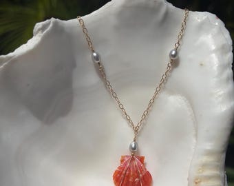 Red Orange Hawaiian Sunrise Shell Gold Necklace with Silver Pearl Accents
