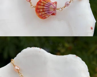 Hawaiian Sunrise Shell Pair Bracelet With Hand-Wrapped Pink Keshi Pearl Chain