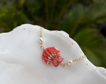 Red Hawaiian Sunrise Shell Bracelet with White Pearl Accents