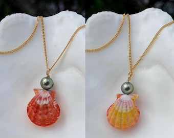 Hawaiian Sunrise Shell Pair Necklace with Tahitian Pearl