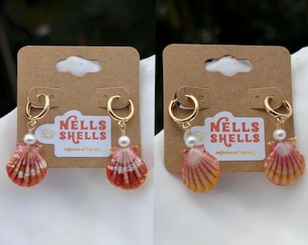Reversable Hawaiian Sunrise Shell Hoop Huggie Dangle Earrings