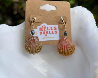 Unique Gold Hawaiian Sunrise Shell Hoop Huggie Dangle Earrings w/ Blue Pearl
