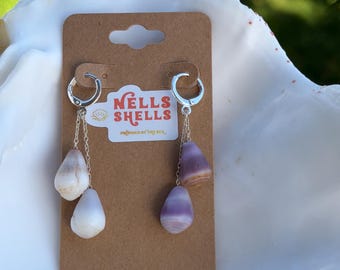 Silver Mismatched White and Purple Cone Adjustable Hoop Huggie Earrings