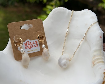 Gold Moon Shell Necklace and Bonnet Earring Set