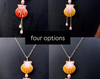 RARE Free Spinning True Pair Hawaiian Sunrise Shell Pendant Necklace with Reversible Mini Sunny Pendant & Pink Pearl Accents