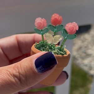 May include: A miniature terracotta pot holds three pink rose blossoms with green leaves and stems. A small, clear butterfly rests among the flowers. The pot is filled with green moss.