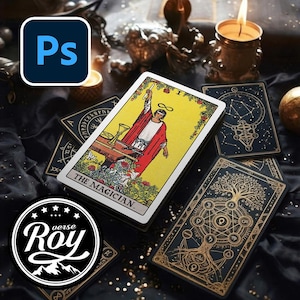 Mystic Tarot Card Mockup PSD – Dark Moody Deck Scene, Magical Card Template, Editable Smart Object