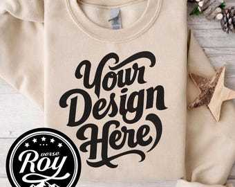 Holiday Sweatshirt Mockup | Christmas Beige Crewneck Sweater Flatlay, Neutral Cozy Sand Gildan 18000 Mockup, Winter Apparel Mockup (JPEG)