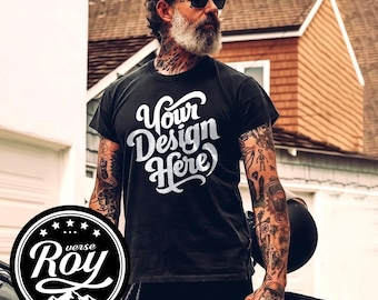 Men's T-Shirt Mockup | Father's Day T-Shirt, Male Black Shirt Mockup, Tattoo Model Mockup, Cool Dad Urban Aesthetic (JPEG)