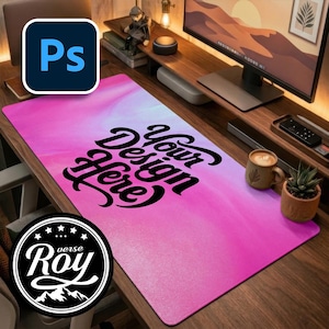 Aesthetic Desk Mat Mockup PSD – Mouse Pad Mockup on Cozy Wooden Workspace Desk Setup, Branding Presentation Mockup, Product Display Scene