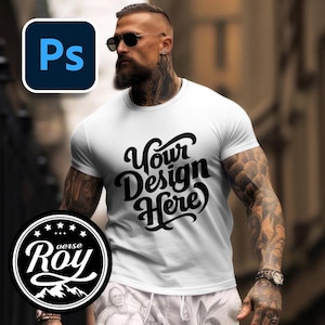 Men's T-Shirt Mockup | Male T-Shirt Mockup, Tattoo Model Shirt Mockup, Urban Aesthetic T-Shirt (PSD File)