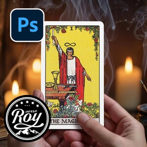 Mystic Tarot Card Mockup PSD – Hand Holding Card, Candlelight Ritual Scene, Editable Smart Object