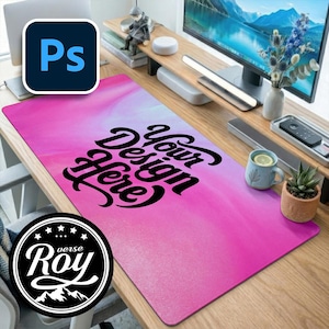 Aesthetic Desk Mat Mockup PSD – Mouse Pad Mockup on Minimal Wooden Workspace Desk Setup, Clean Office Scene, Branding Presentation