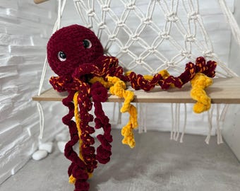 Handmade octopus made of plush wool – burgundy, yellow & multicolor | Stuffed toy | Decoration | Gift idea