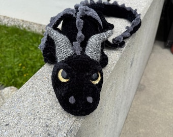 Hand-crocheted black fantasy dragon | Amigurumi decorative figure, collectible, dragon plush, gothic gift