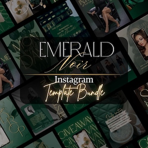 May include: An Instagram template bundle with an emerald green and gold color scheme. The words "EMERALD Noir" and "Instagram Template Bundle" are displayed in elegant fonts. The image includes various sample templates with photos and text.