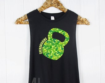 Shenanigains Kettlebell St. Patricks's Day Women's Workout Racerback Cropped Tank