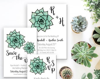 Succulent Illustrated Minimal Printable 5 x 7 Wedding Invitation