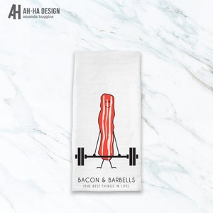 Bacon & Barbells Tea Towel | Funny Illustrated Bacon Kitchen Towel