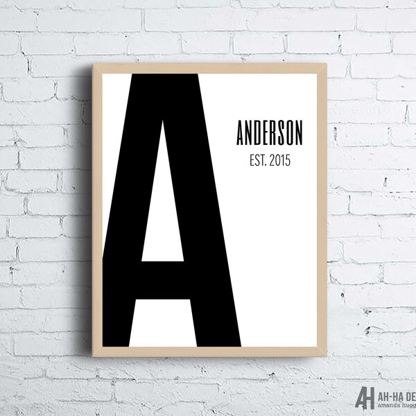 Eerste afdruk moderne familienaam: aangepast monogram kunst aan de muur (digitale download)