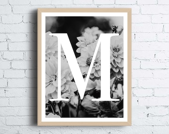 Modern Black and White Floral Monogram Wall Art Printable | Custom Initial Black and White Wall Art Print