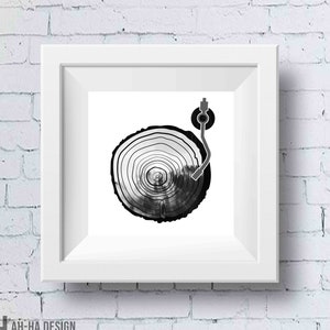 Record Player Tree Ring Printable Modern Wall Art | Record Player Music and Nature Digital Download Wall Decor