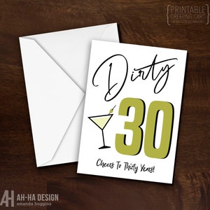 Dirty Thirty afdrukbare digitale download Martini verjaardagskaart | Digitale downloadkaart Martini 30e verjaardag