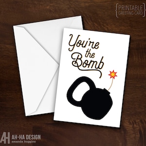 Youre The Bomb Kettlebell Printable Fitness Card | Cartão de felicitações digital ilustrado com tema de academia para download
