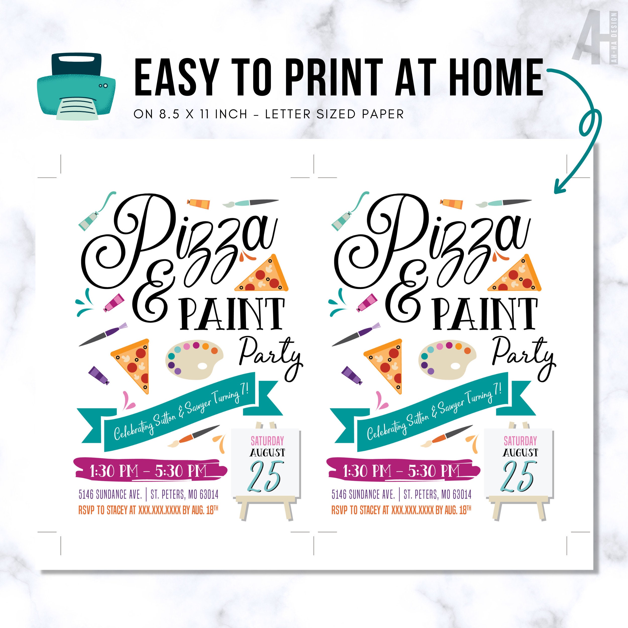 Pizza and Paint Party Printable 5 X 7 Invitation Etsy