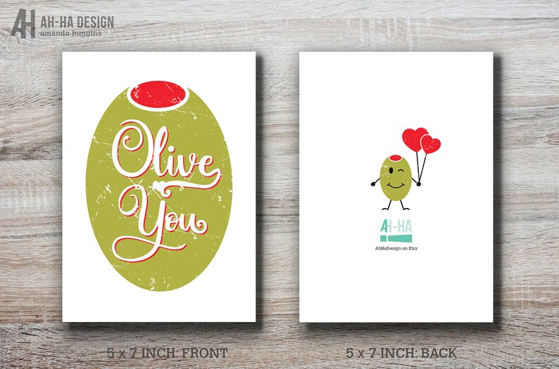 Olive You Printed Greeting Card Funny Romance Card Love Etsy