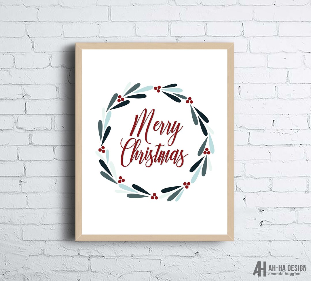Merry Christmas Illustrated Blue and Red Wreath Printable Wall Art ...