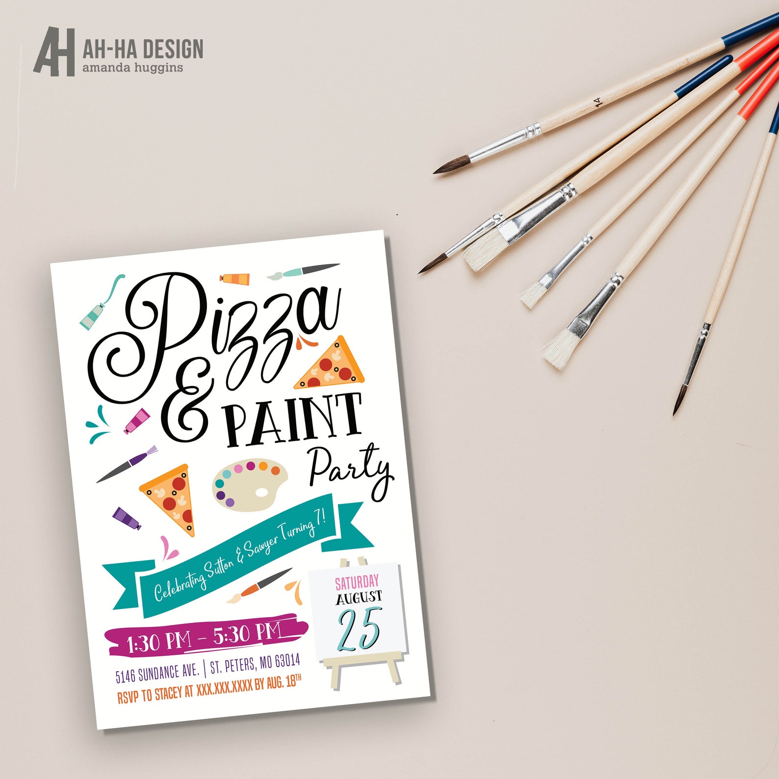 Pizza and Paint Party Printable 5 X 7 Invitation Etsy