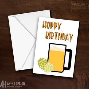 Hoppy Geburtstags-lustiges Bier druckbare Grußkarte | Illustrierte Bier und Hopfen Geburtstagskarte Digital Download
