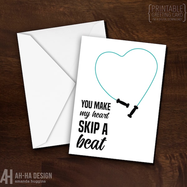 You Make My Heart Skip A Beat Fitness Couples Printable Greeting Card | Workout Partners Jump Rope Pun Digital Download Card