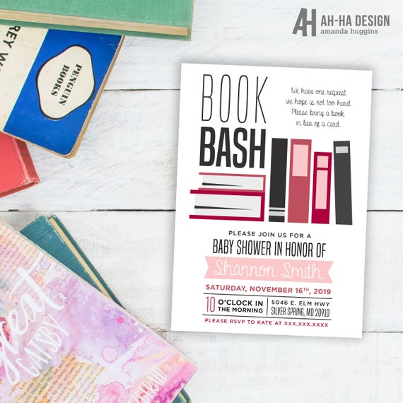 Book Bash Baby Shower Pink And Gray 5 X 7 Invitation Printable Etsy Uk