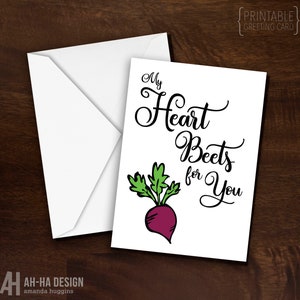 Afdrukbare wenskaart My Heart Beets For You | Funny Food woordspeling digitale download geïllustreerde wenskaart
