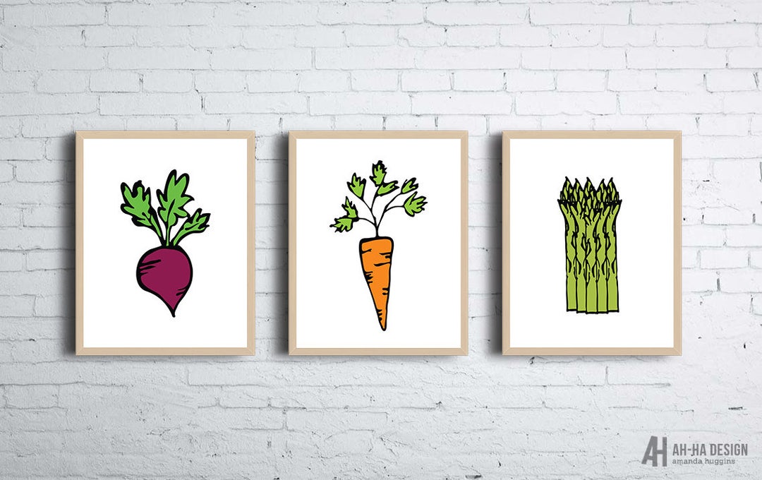 rustic vegetable kitchen prints | 3-piece wall art |... Illustrated Vegetable Prints Set of Three Kitchen Art | Beet, Carrot ...