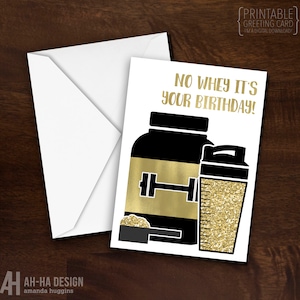 Funny Fitness Birthday Card Printable | No Whey It&#39;s Your Birthday Card | Gym Themed Black and Gold Birthday Card | Fitness Greeting Card