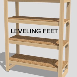 May include: A light-colored wooden shelving unit with four shelves. The shelves are made of a brown material, and the text "LEVELING FEET" is displayed in black across the image. The unit is designed for storage.