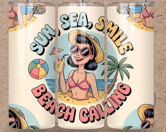Ontwerp retro strandbeker: Sea Sun Smile, png (20 oz naadloze verpakking, digitale download)