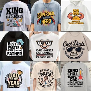 May include: Collection of graphic t-shirts and a hoodie with humorous dad-themed designs. The shirts feature phrases like "King of the Dad Jokes," "Superdad, Everyday Hero," and "Cool Dads Club." The hoodie says "Dad Bod" with a taco.