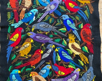 Guatemalan Santiago Atitlan Bird Embroidery Panel - Birds on Black