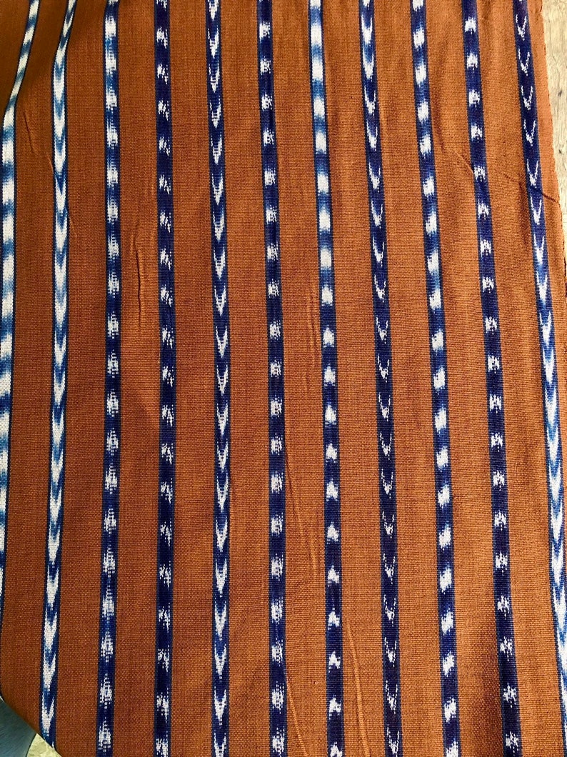 Guatemalan Ikat Fabric Cafe and Indigo Blue Stripes image 2