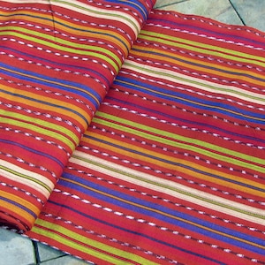 Guatemalan Ikat Fabric - Rich Brown and Celadon Stripes