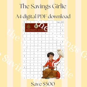 Op de afbeelding: A4 digitale PDF-download getiteld "The Savings Girlie" met een thema-illustratie. De afbeelding toont een raster met nummers, een personage met een bril en een rode jas, een uil en de tekst "Hogwarts Express".