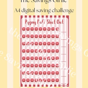 Puede incluir: Un desafío de ahorro digital A4 titulado "Pygmy Puff Shut Out". El diseño presenta un borde a rayas rosas y blancas con filas de ilustraciones de botones rosas, cada uno numerado del 1 al 9. El fondo es amarillo claro con rayas verticales.