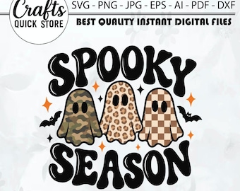 Diseño SVG PNG de temporada espeluznante, parche retro de fantasma de Halloween PNG, fantasma a cuadros con estampado de leopardo para sublimación, diseño de camiseta de otoño, descarga digital