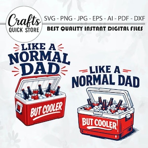 Könnte beinhalten: Digitales Design mit zwei roten Kühlboxen, gefüllt mit Flaschen und Dosen, mit dem Text "LIKE A NORMAL DAD BUT COOLER". Das Design enthält auch den Text "Crafts QUICK STORE" und Informationen zum Dateityp.