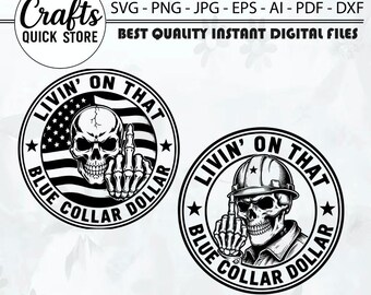 Viviendo con ese dólar de cuello azul SVG PNG, diseño de calavera de trabajador de la construcción con bandera de EE. UU., archivo de corte de parche de sombrero de cuero grabado con láser