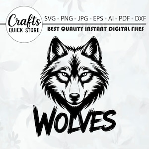 May include: Black and white wolf illustration with the word "WOLVES" in bold letters. The image also includes the text "Crafts QUICK STORE" and file type information: SVG, PNG, JPG, EPS, AI, PDF, and DXF.